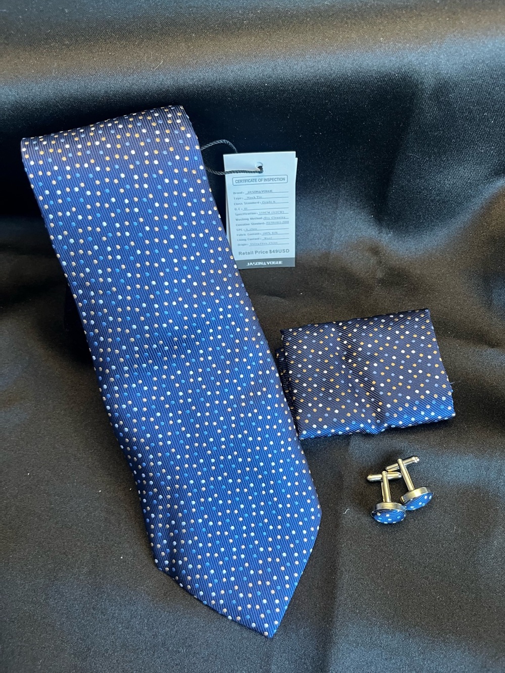 Navy Blue Polka Dot Tie, Pocket Square & Cufflinks Set